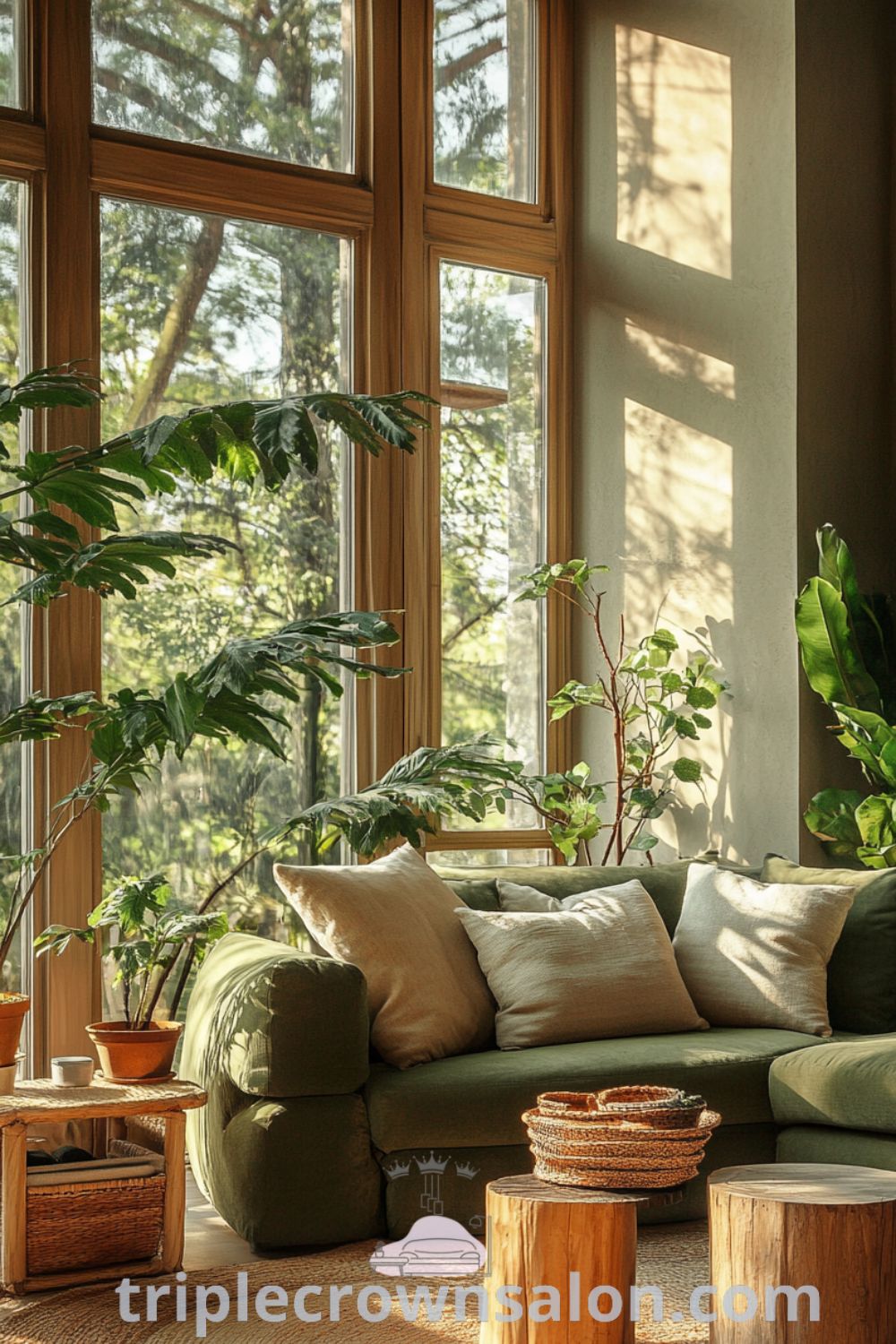 Cozy living room featuring sunlight filtering through large windows, earthy-toned walls, a plush moss green sofa, reclaimed timber side tables, potted plants, and a serene atmosphere, showcasing cozy decor ideas from triplecrownsalon.com.