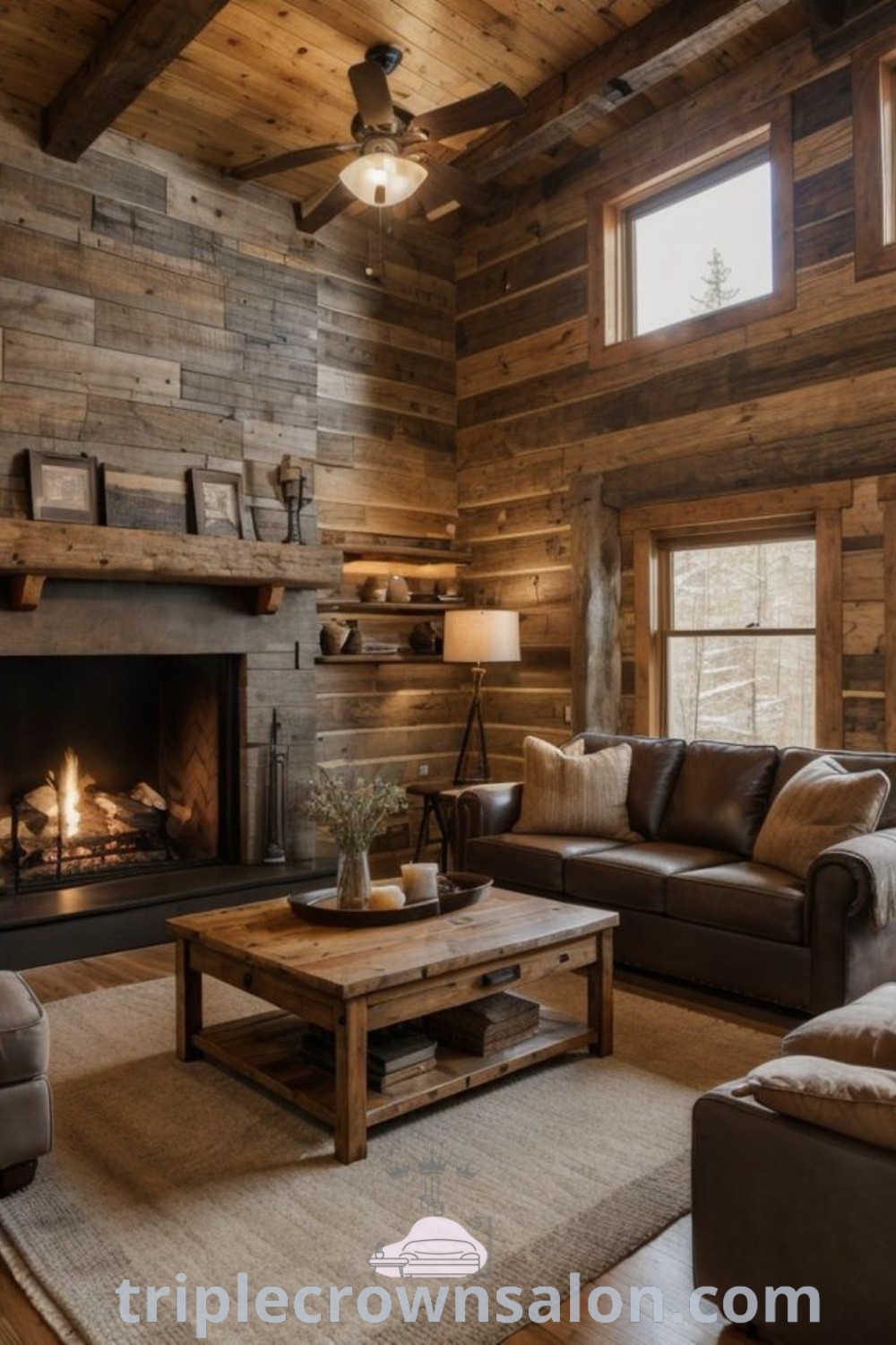 A rustic living room with a brown stone fireplace and barn wood wall, showcasing cozy decor ideas and earth tones for a charming lodge aesthetic. This space offers inspiring farmhouse fireplace decor and unique ideas for a cozy home. Explore more at triplecrownsalon.com.