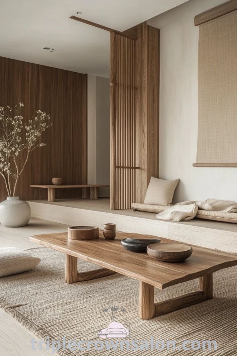 A cozy Japandi living room featuring a dark sofa, wooden table, and wall-mounted mirror, showcasing neutral tone interior design elements. This inviting space offers unique ideas for small apartments and is perfect for entertaining. Discover inspiring decor ideas at triplecrownsalon.com.