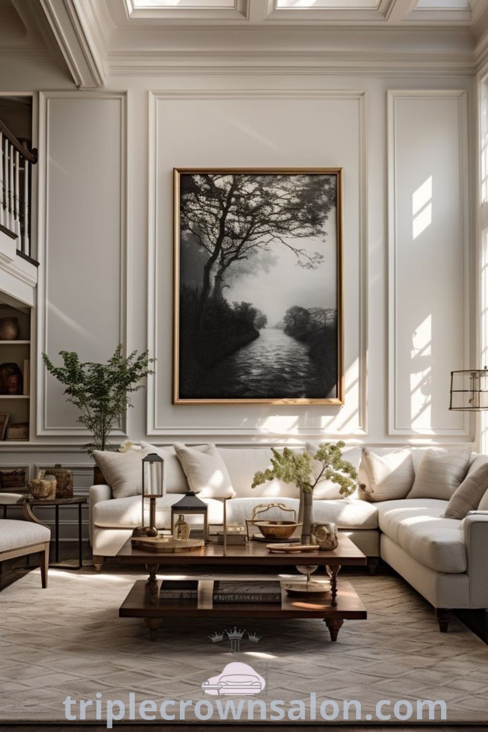 A beautifully designed living room featuring Antique French interior design with elegant furniture and a stunning painting above a fireplace. This cozy home space offers decor ideas, inspiring elements, and unique inspirations for your home found at triplecrownsalon.com.