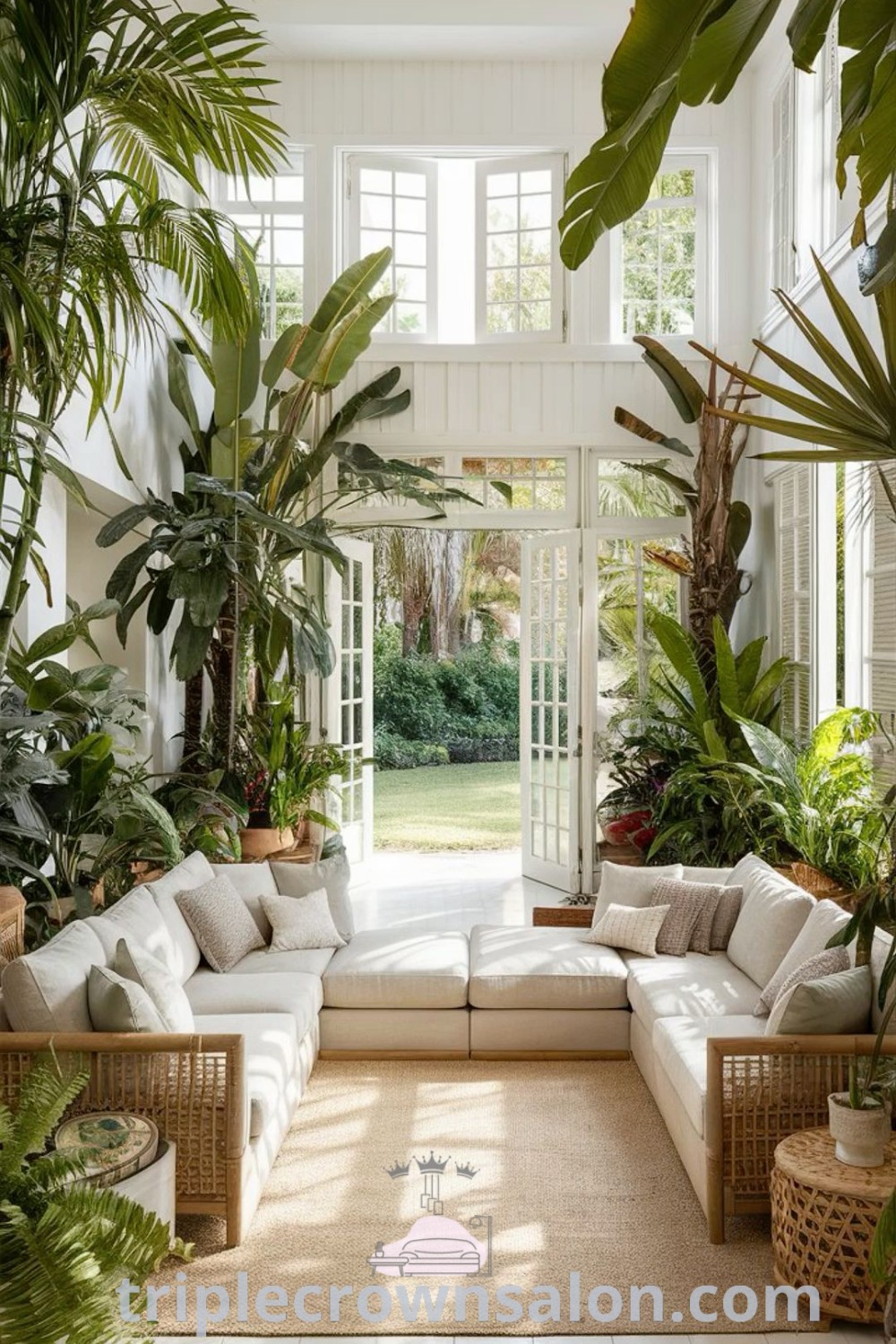 A vibrant tropical living room filled with lush plants and cozy furniture, showcasing a harmonious blend of indoor outdoor living room ideas and tropical house interior design inspirations. This inviting space offers unique decor ideas for your home. Discover more inspirations at triplecrownsalon.com.