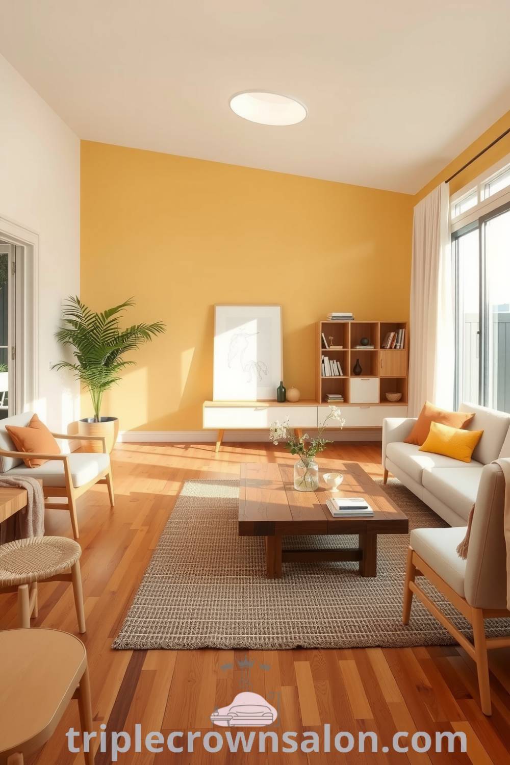 Japandi living room with soft yellow accents, natural wood tones, a low-profile wooden coffee table, and a handwoven rug, illuminated by floor-to-ceiling windows, creating a cozy aesthetic and inviting atmosphere. Visit triplecrownsalon.com for more cozy decor ideas and inspirations.