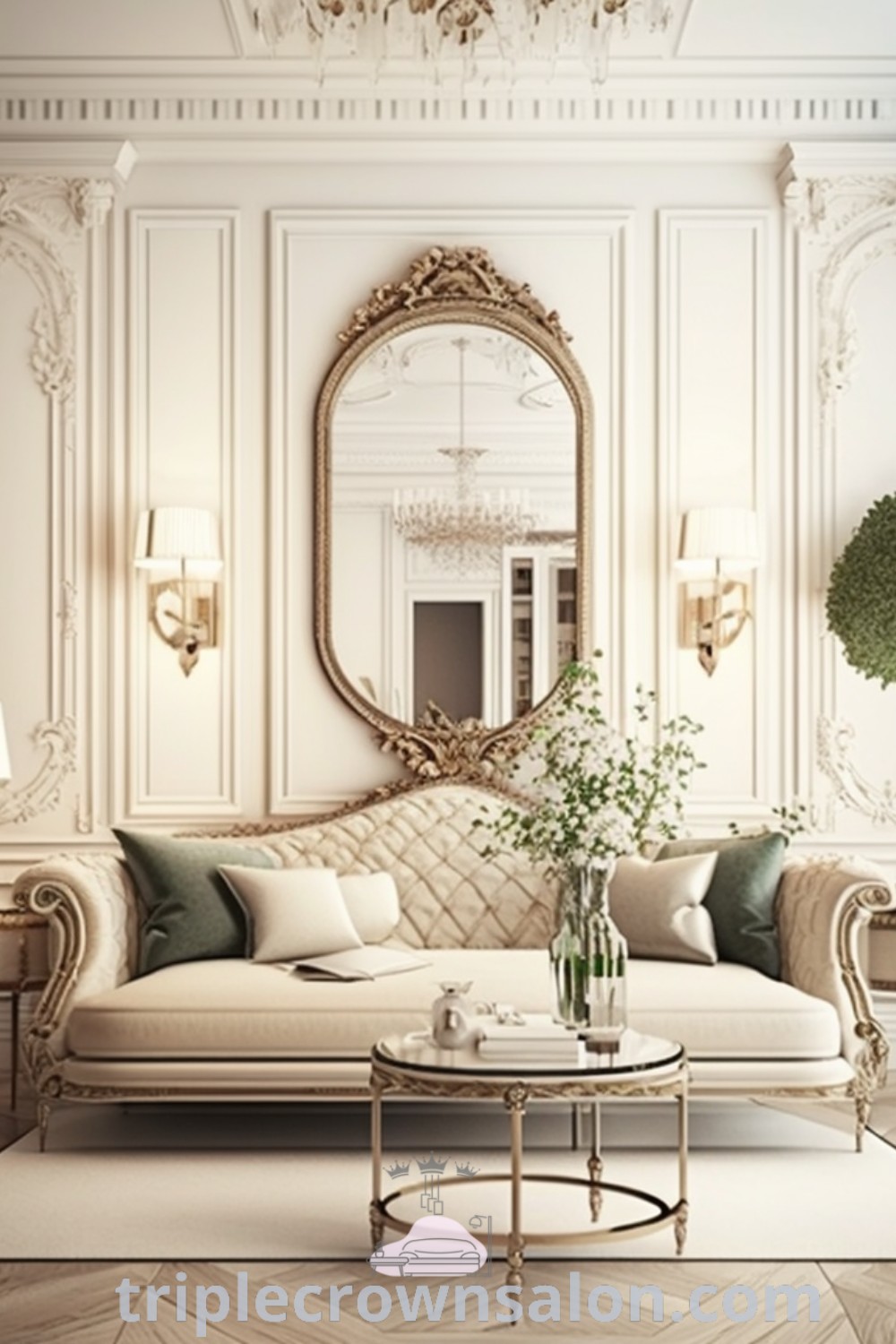 A luxurious neoclassical living room featuring elegant furniture and a large mirror that enhances the stylish decor. This design encapsulates classic interior design principles, offering inspiring ideas for your home. Discover more unique decor ideas at triplecrownsalon.com.