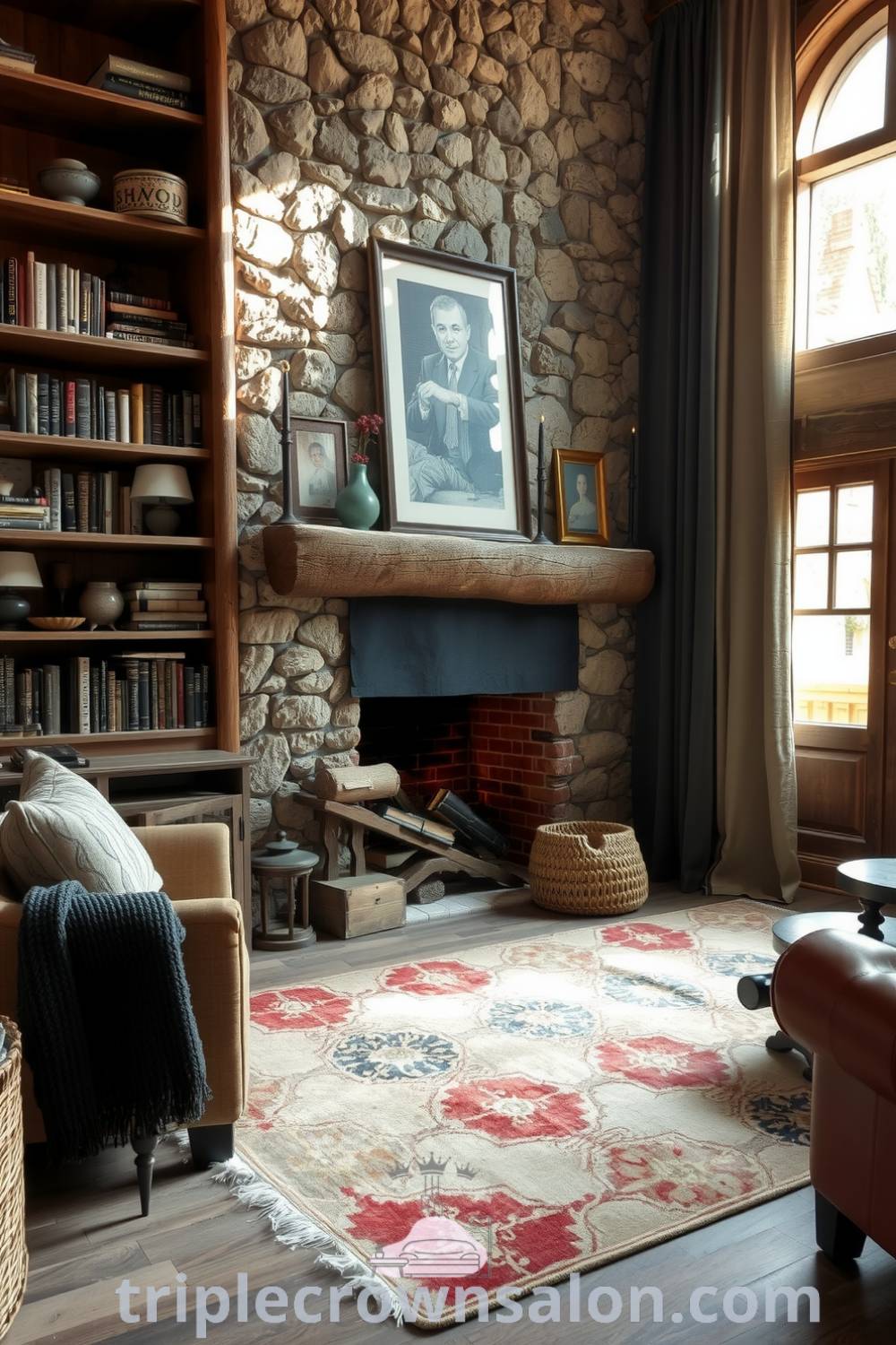 Cozy living room showcasing rugged stone walls, wooden shelves filled with books and trinkets, and a warm fireplace, inviting relaxation and warmth. Inspiring decor ideas for creating a cozy home atmosphere can be found at fireplacesandwoodstoves.com.