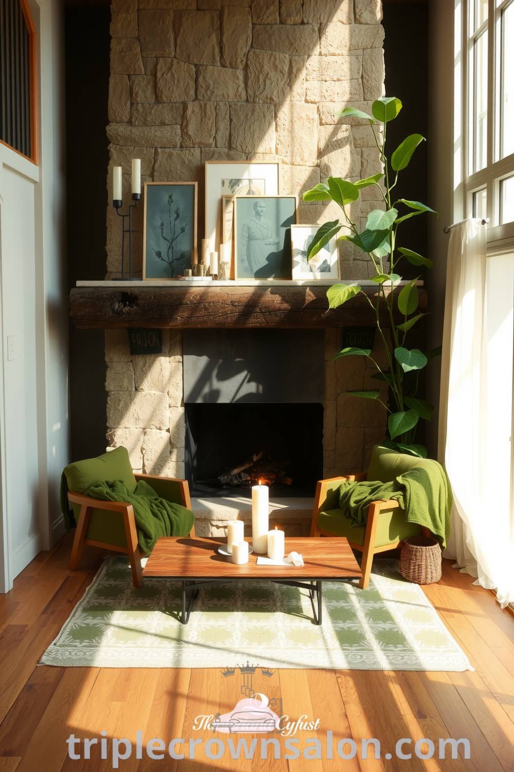 Nature-inspired living room featuring a large stone fireplace, plush green textiles, weathered hardwood floors, and leafy plants, creating a serene and cozy atmosphere for relaxation, inspired by design ideas from triplecrownsalon.com.