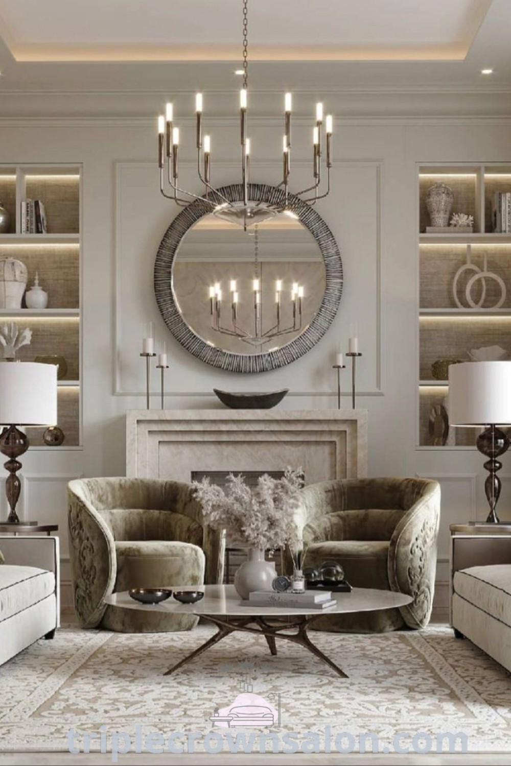 A cozy living room featuring stylish furniture, a large round mirror above the fireplace, and decorative accents that reflect aesthetic vintage room designs. This inspiring space offers decor inspirations for a warm and inviting atmosphere. Discover unique ideas for your home at wellnesswink.com.