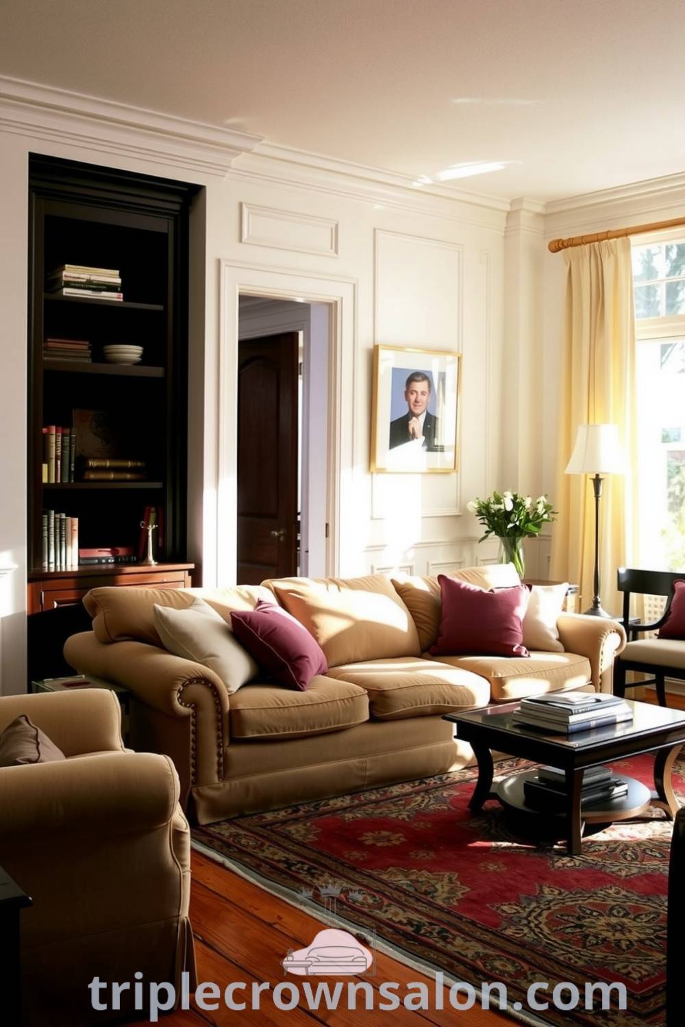 Cozy living room showcasing warm white walls, an overstuffed sofa with colorful pillows, dark wooden furniture, and a textured area rug, creating an inviting atmosphere ideal for relaxation and togetherness, as featured on fireplacesandwoodstoves.com.