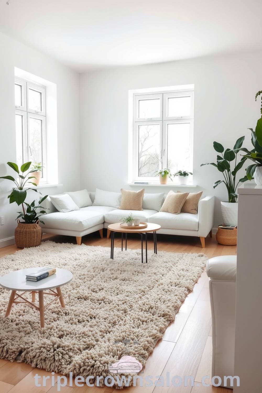 Scandinavian living room featuring white-washed walls, natural light from large windows, a textured area rug, low-profile sofa with throw pillows, and potted plants, embodying cozy design ideas for homes at triplecrownsalon.com.