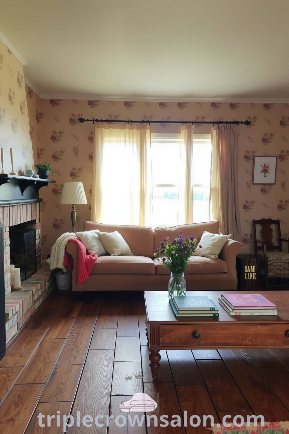 Farmhouse living room featuring beige walls with floral wallpaper, a crackling fireplace, a plush couch with knitted throws, reclaimed wooden floors, a vintage coffee table with books and wildflowers, and sheer curtains, creating a cozy aesthetic perfect for relaxation. Visit triplecrownsalon.com for more cozy home decor ideas.