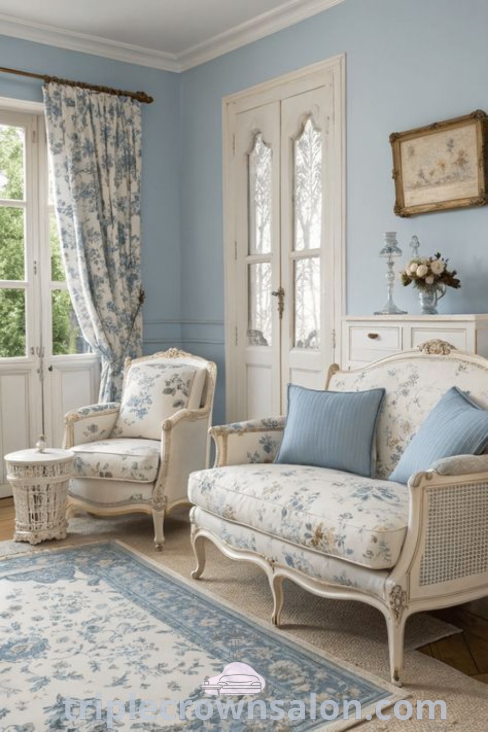 A charming living room with blue walls and white furniture, showcasing French Country rugs and inspiring decor elements. This cozy space features country couches and country French living room styles, providing unique ideas for your home and cozy inspirations. For more design tips, visit triplecrownsalon.com.