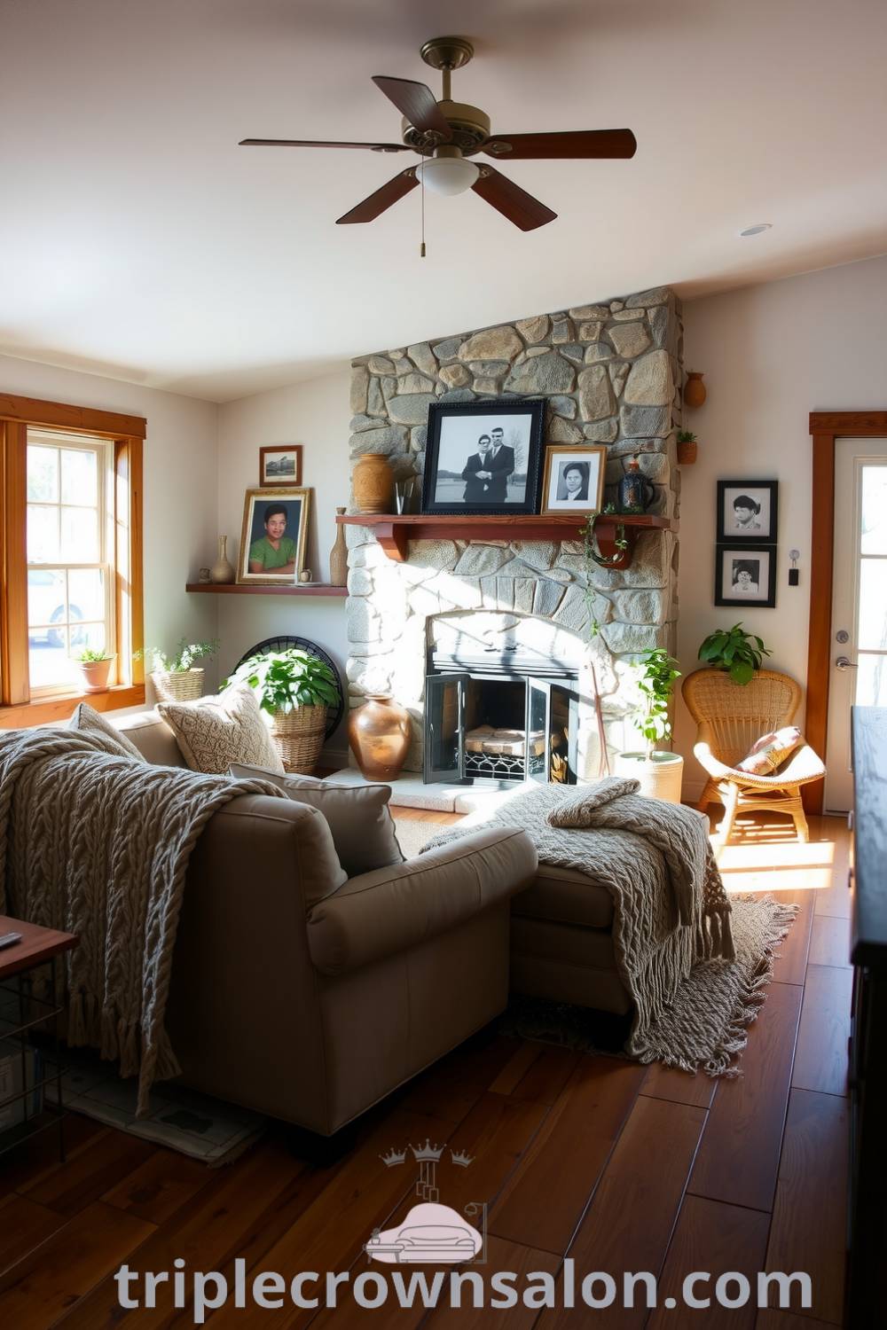 Beige farmhouse living room with cozy knit blankets, weathered wooden floors, rustic stone fireplace, eclectic family photo frames, and potted plants, offering cozy ideas and inspiring decor ideas for your home at triplecrownsalon.com.