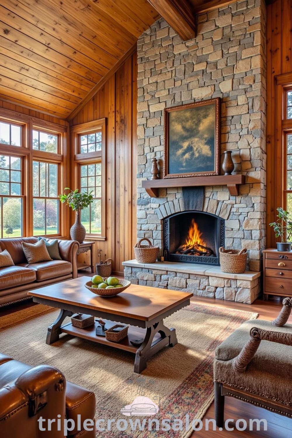 Cozy rustic living room showcasing natural wood paneling, worn leather sofa, vintage coffee table, and mismatched armchairs, illuminated by sunlight from large windows, creating a warm and inviting atmosphere, featuring decor ideas from fireplacesandwoodstoves.com.