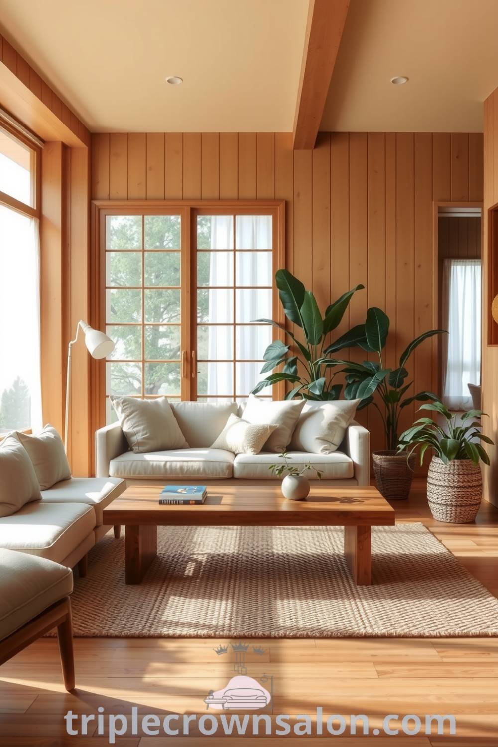Cozy Japandi living room with warm yellow tones, soft neutral furnishings, natural wood accents, textured linen cushions, and potted plants, creating an inviting and serene atmosphere. Ideas for your home and decor inspirations can be found at triplecrownsalon.com.