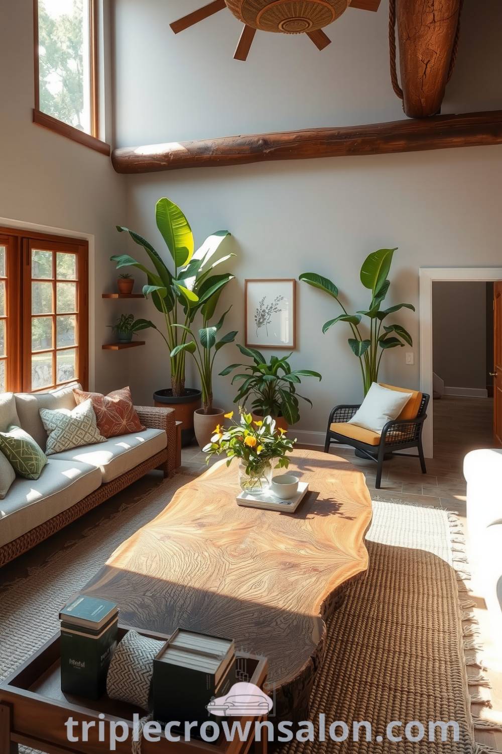 Cozy nature-inspired living room featuring reclaimed wood coffee table, woven rugs, abundant potted plants, and earthy color palette, creating an inviting and tranquil atmosphere with design ideas for a cozy home. Visit triplecrownsalon.com for more decor ideas and inspirations.