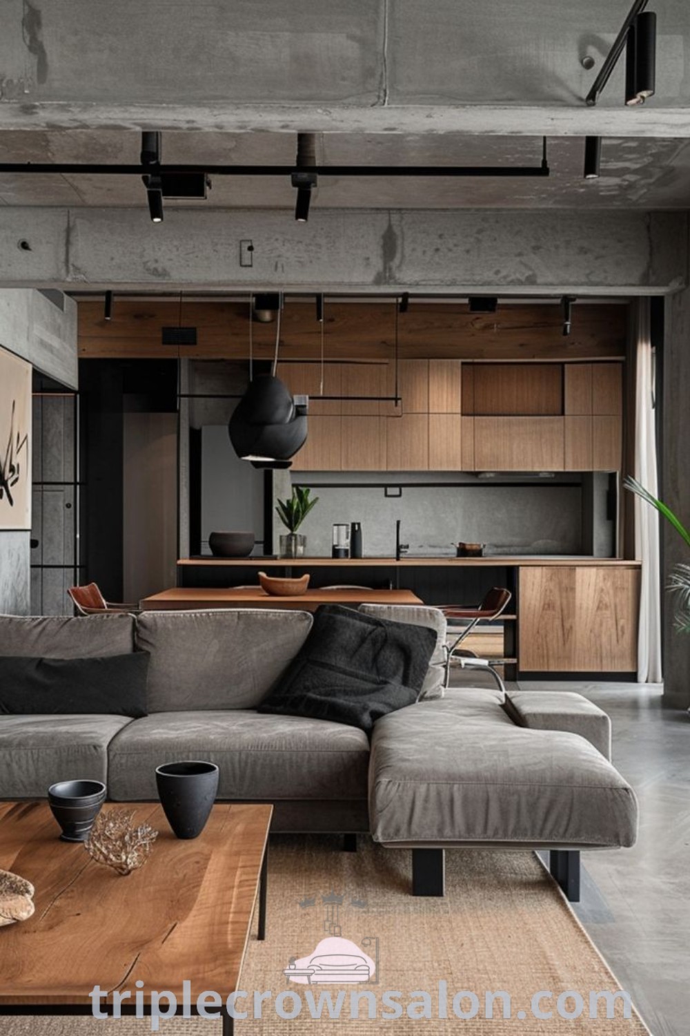 An urban modern living room featuring industrial decor with a wooden table and wall-mounted art, showcasing decor ideas for small spaces and cozy aesthetics. This stylish design offers unique ideas for your home, focusing on urban modern interior design trends. Discover inspiring decor inspirations at triplecrownsalon.com.