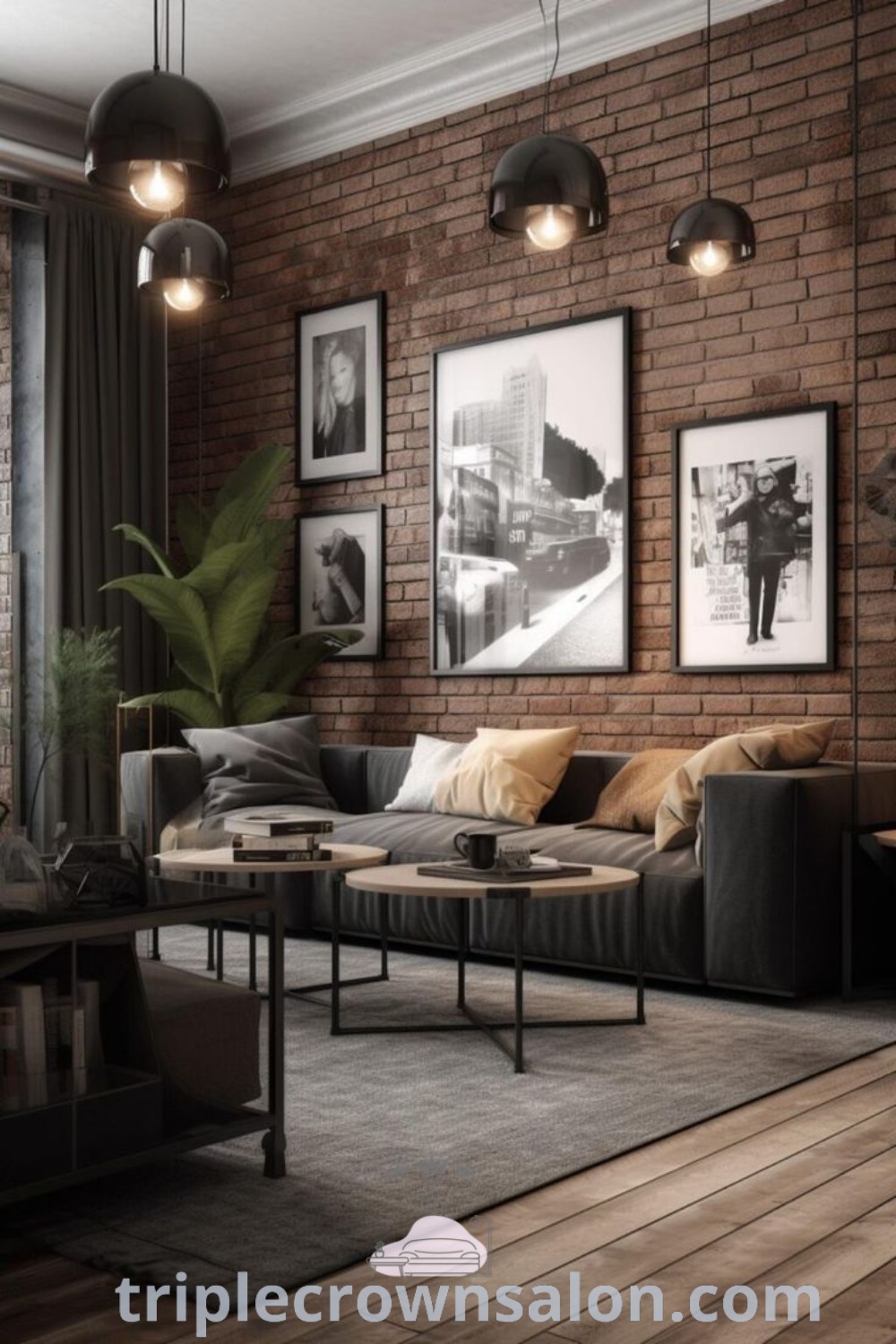 An inviting urban farmhouse living room with a raw ceiling design, built-in library, and a brick wall, showcasing cozy decor ideas that inspire warmth and style. This space features a blend of modern coastal living room and industrial living room design elements. Discover more design tips at triplecrownsalon.com.