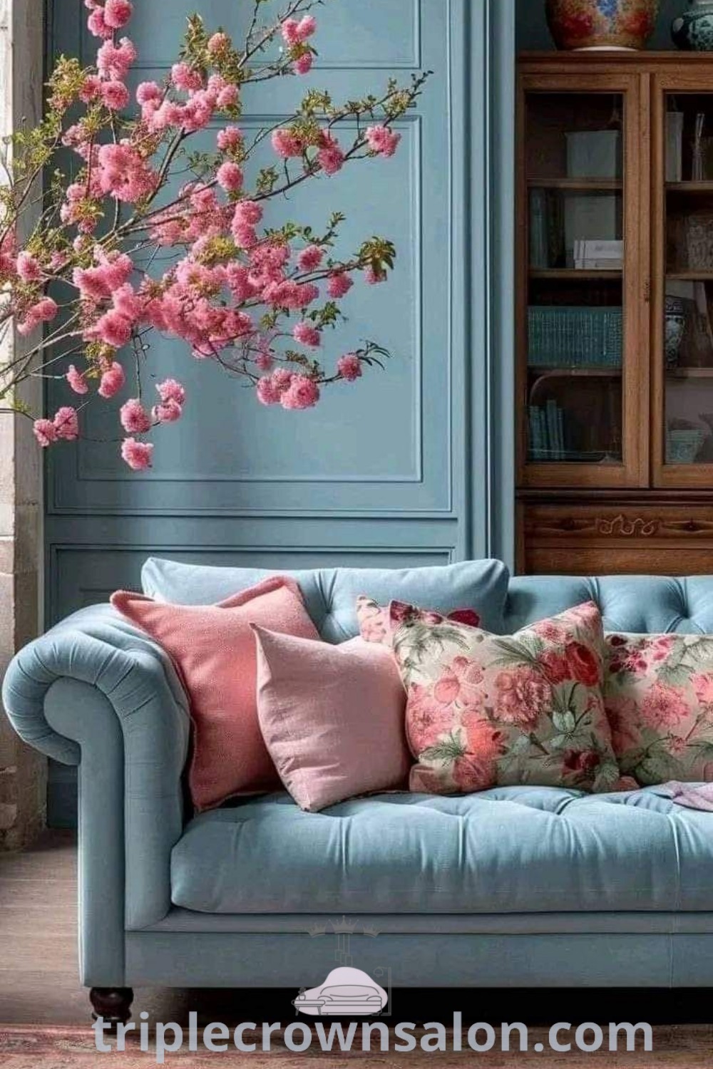 A cozy blue floral living room showcasing a blue couch with pink flowers, set against a vibrant bookcase. This elegant decor offers inspiring design ideas for your home at triplecrownsalon.com, perfect for creating a unique and inviting ambiance.