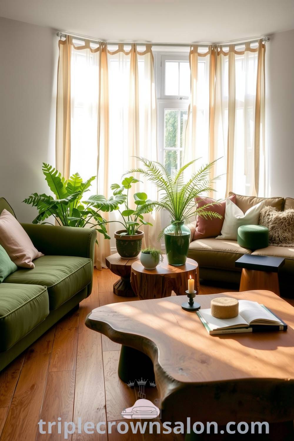 Cozy nature-inspired living room featuring plush moss-colored sofas, potted ferns, reclaimed wood coffee table, and warm lighting, offering decor ideas for creating a serene and inviting space. Visit triplecrownsalon.com for more cozy home inspirations.