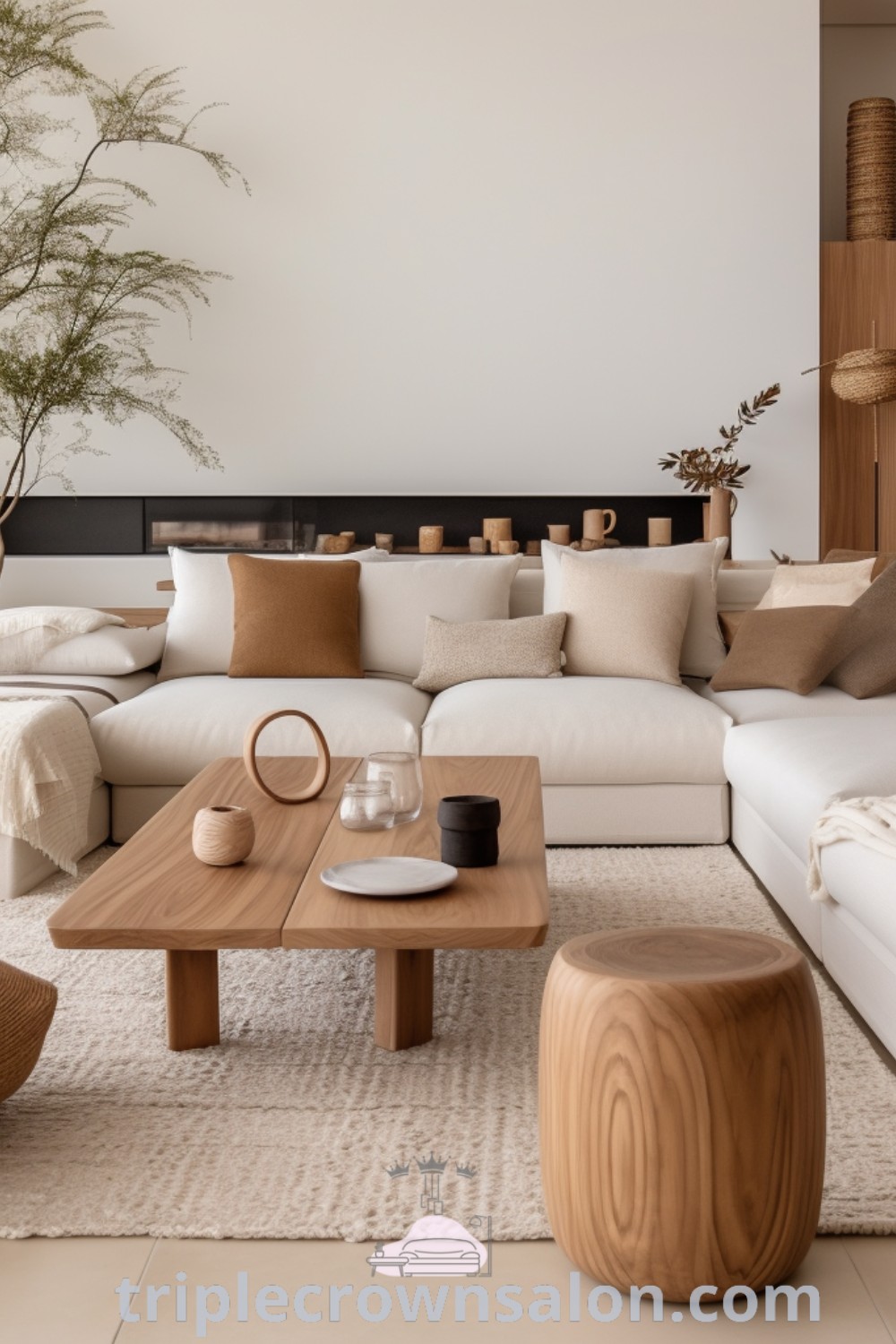 A modern Japandi living room featuring natural wood elements, beige and tan accents, and a living tree that enhances the cozy aesthetic. Explore inspiring design ideas and decor inspirations for your home at triplecrownsalon.com.