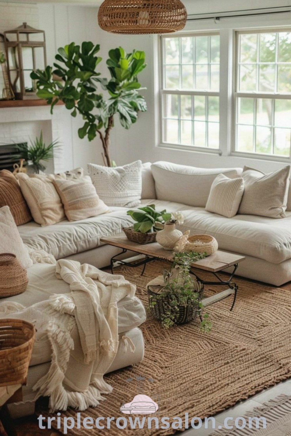A serene living room filled with a white couch, earthy decor, and inviting textiles, embodying a cozy aesthetic. This setup represents unique ideas for a boho family room, perfect for creating a peaceful interior. Explore more inspiring decor ideas at triplecrownsalon.com.