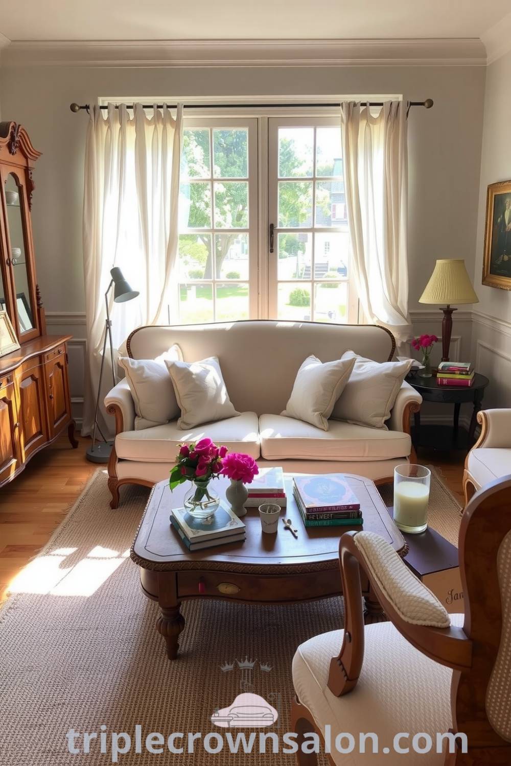 Cozy French living room featuring pastel walls, well-worn wooden furniture, an overstuffed sofa with hand-stitched cushions, a textured rug, and light spilling through sheer curtains, creating an inviting and comfortable space, perfect for relaxation, showcased on triplecrownsalon.com.