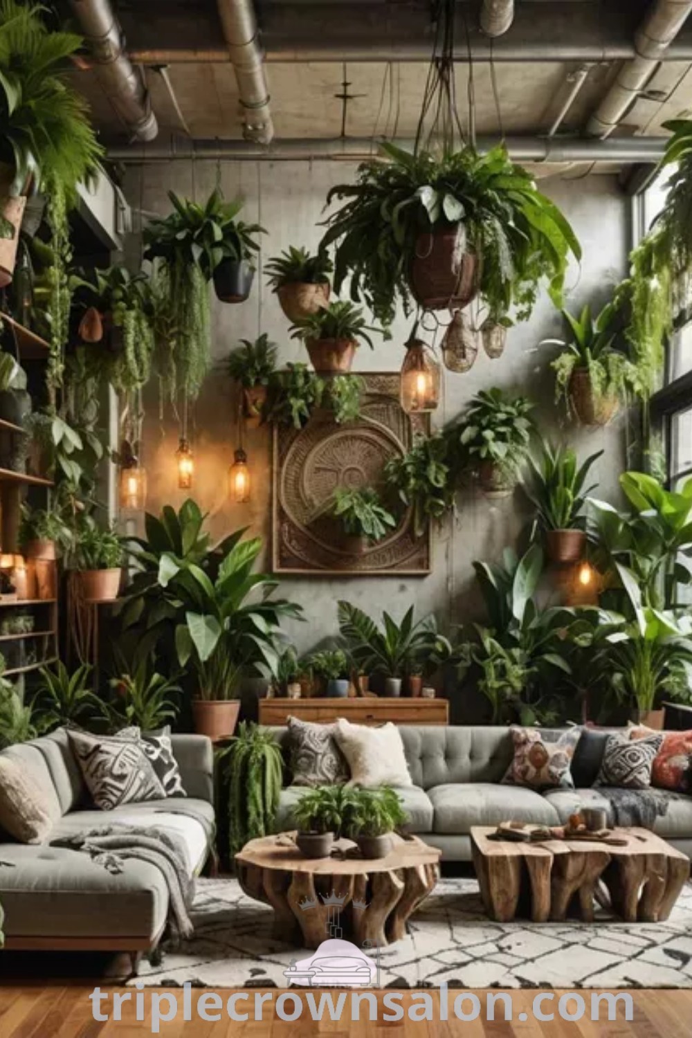 A vibrant indoor jungle living room filled with various house plants, showcasing a rainforest-inspired aesthetic. This decor ideas focus on creating a cozy atmosphere with lots of greenery, ideal for small spaces. Find more inspiring ideas for your home at triplecrownsalon.com.