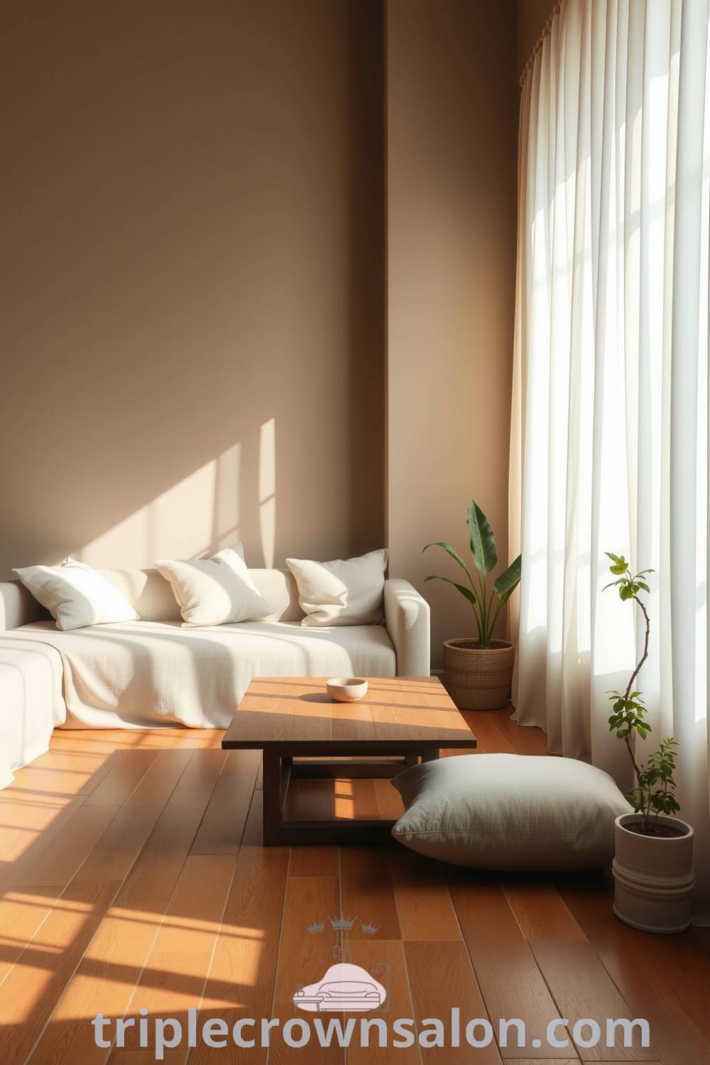 Japandi living room featuring warm brown tones, a minimalist sofa with plush cushions, a weathered wooden coffee table, sheer curtains for natural light, and potted plants, showcasing cozy decor ideas and design inspirations for your home at triplecrownsalon.com.