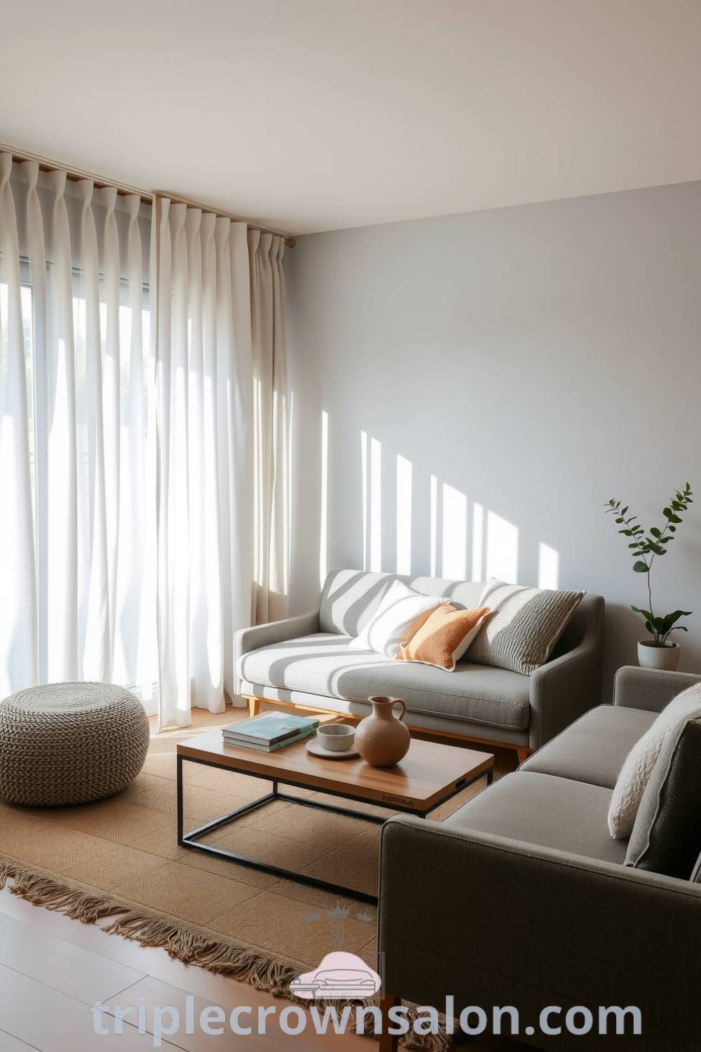 Japandi living room featuring soft grey tones, natural light filtering through sheer curtains, a low wooden coffee table, a plush sofa with textured cushions, and minimalist decor items like a ceramic vase and a potted plant, creating a cozy aesthetic for home design inspirations at triplecrownsalon.com.