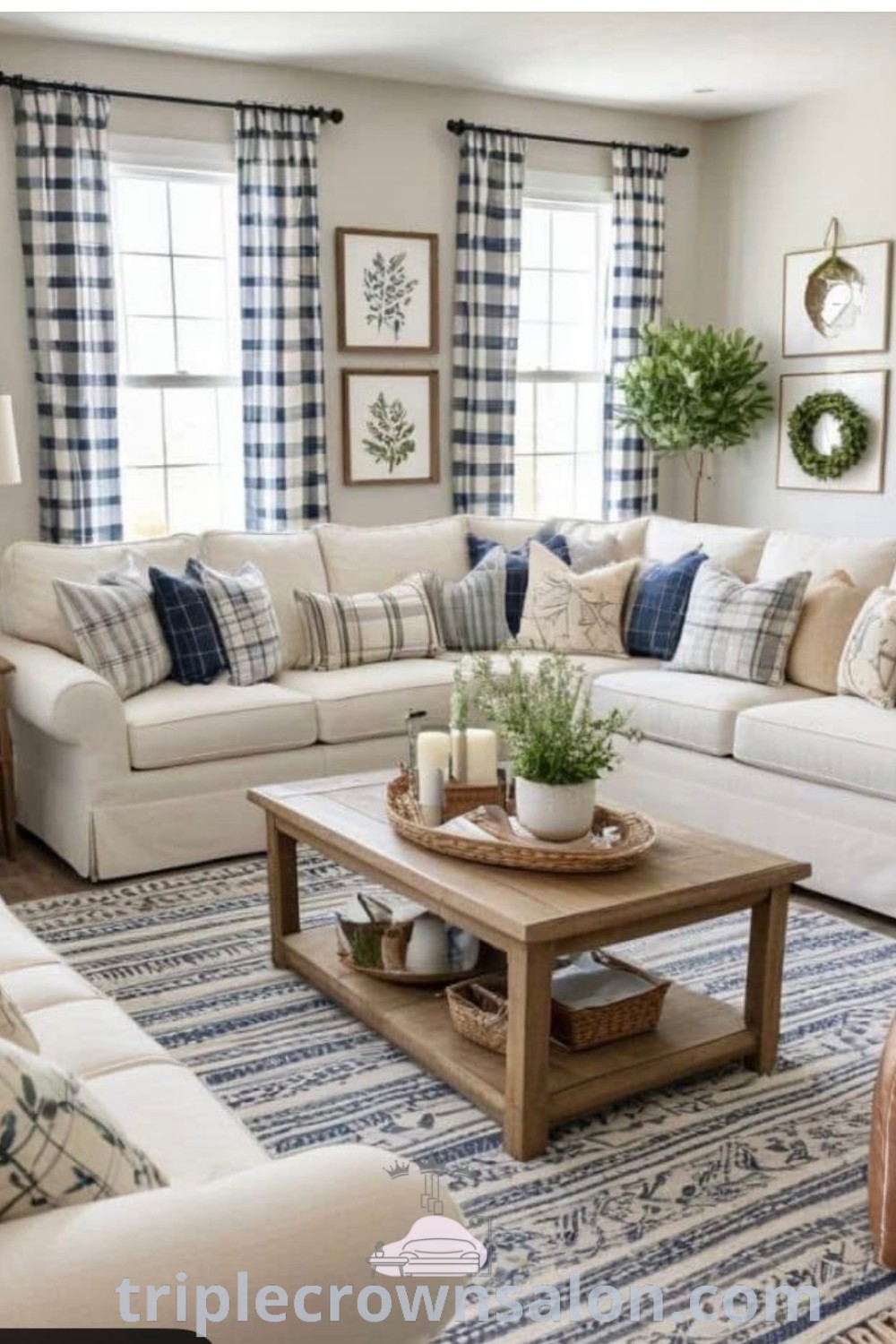 A cozy living room adorned with vibrant furniture and decor on a beautiful blue rug, showcasing beach cottage interiors and farmhouse influences. This space offers inspiring ideas for decor and design trends, perfect for home transformations. Find more decor inspirations at triplecrownsalon.com.
