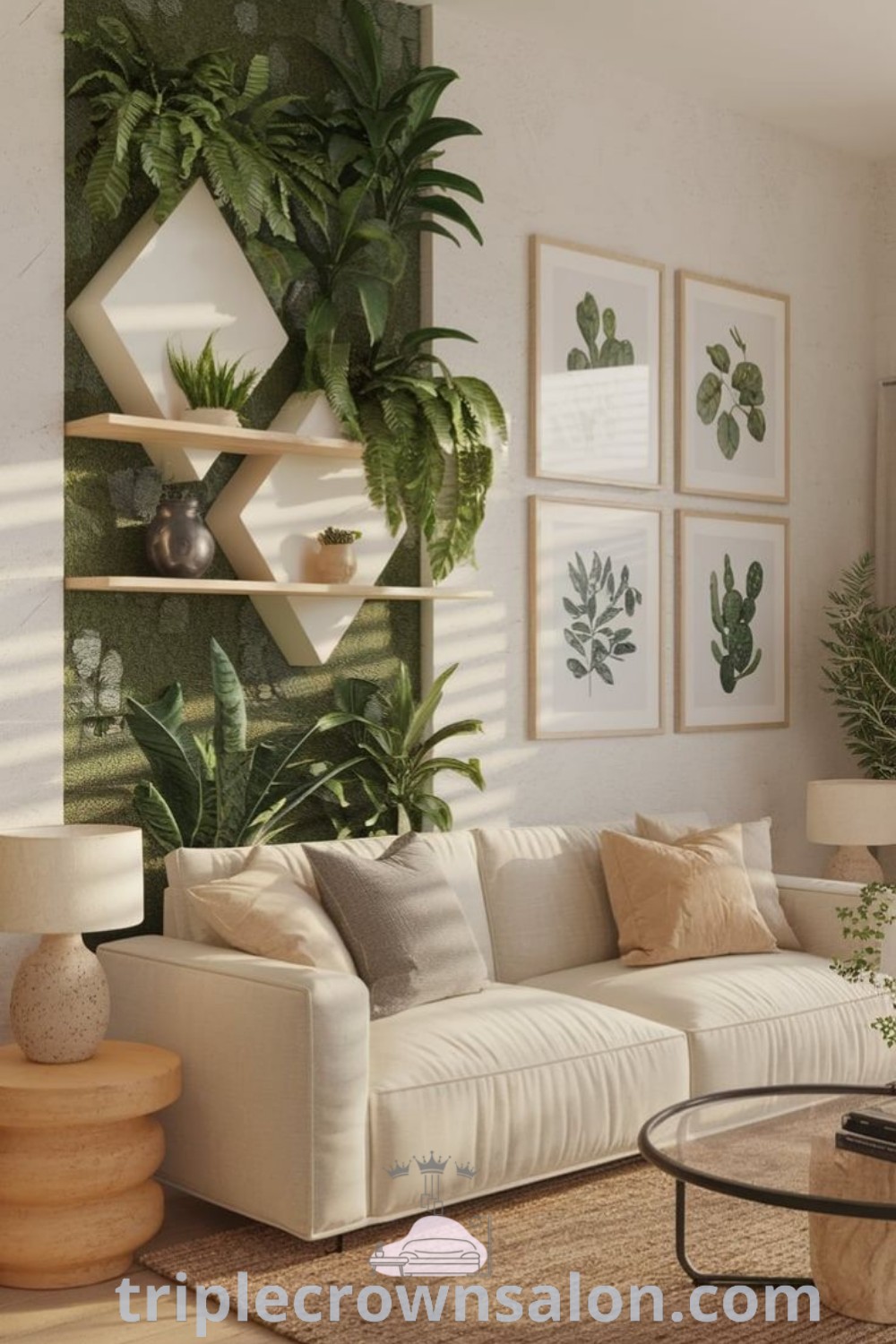 A bright and inviting living room filled with a variety of plants, showcasing a living wall and stylish decor ideas for incorporating greenery into your space. This cozy home inspiration emphasizes plant minimalism and offers unique ideas for house decoration, providing warmth and life. Discover more at triplecrownsalon.com.