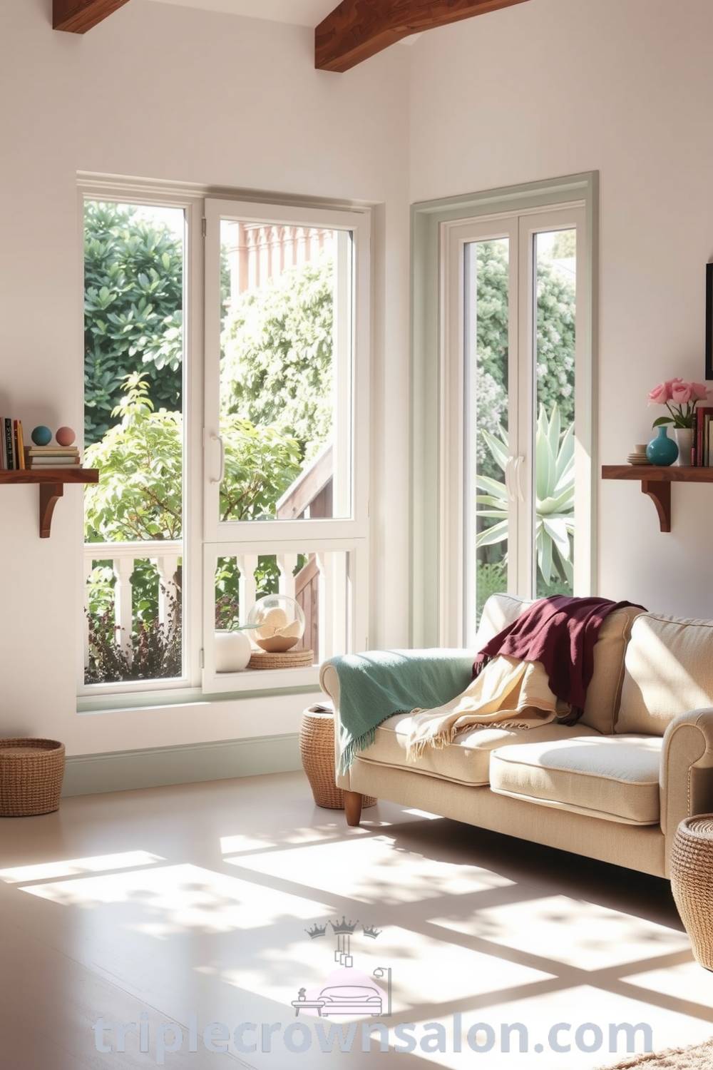 Bright and airy living room with large windows showcasing a sun-dappled garden, a plush couch with cozy throws, rustic wooden shelf filled with books and knickknacks, creating a cozy aesthetic. For more unique ideas, visit triplecrownsalon.com.