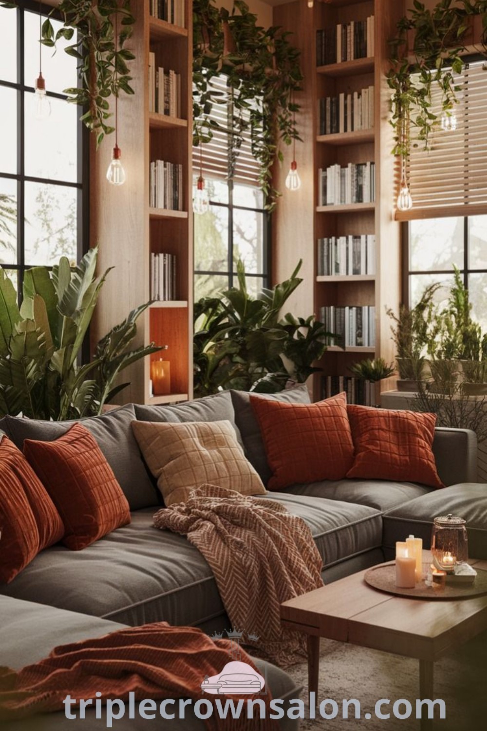 A cozy boho living room filled with furniture and plants, showcasing a blend of Bohemian modern and suburban contemporary decor ideas for homes. This inviting space offers unique ideas for your home, ensuring a warm and inspiring ambiance. Discover more decor inspirations at triplecrownsalon.com.