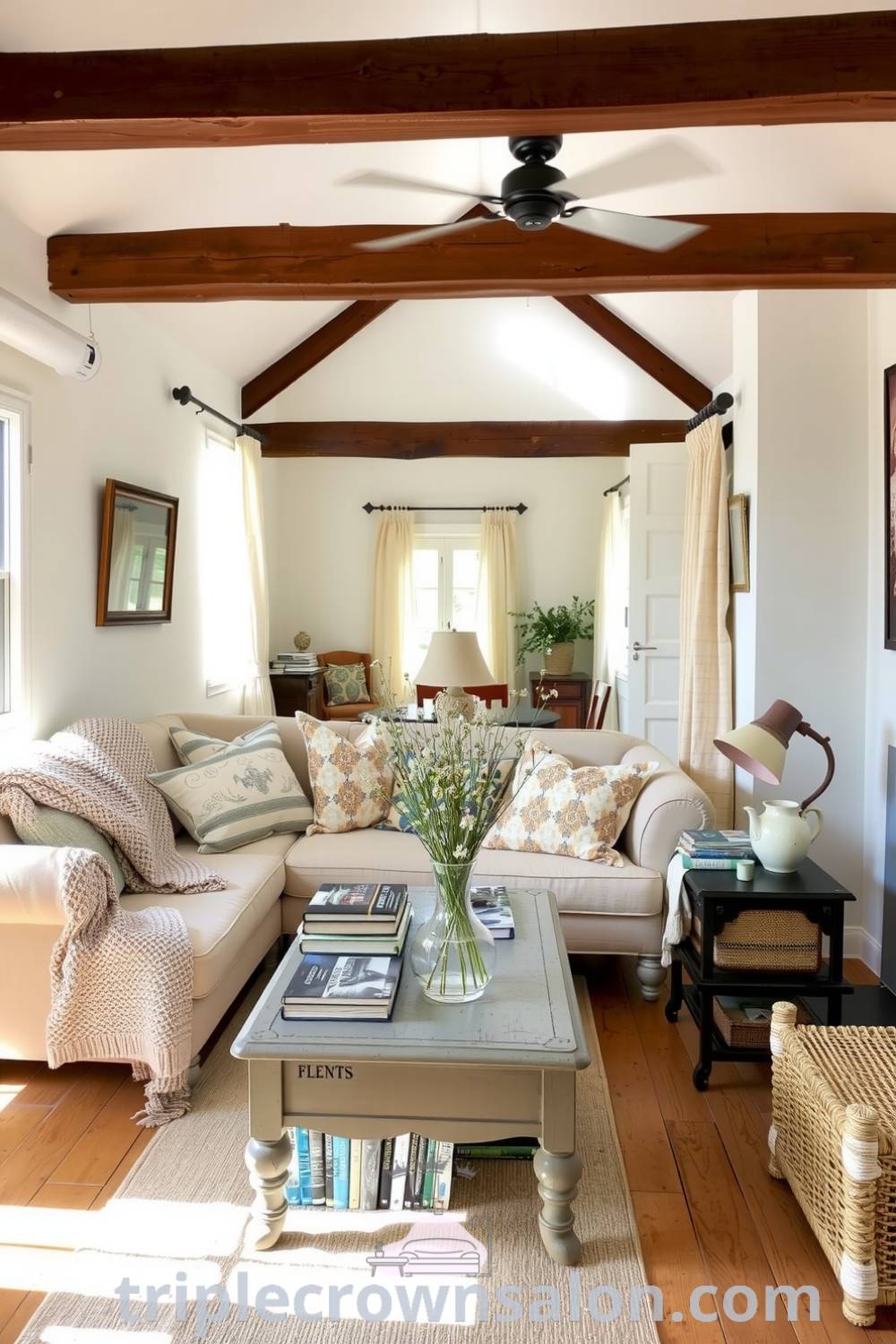 Cozy French living room featuring soft cream walls, an overstuffed sofa with a knit blanket, rustic wooden beams, a weathered coffee table with books and wildflowers, and lace curtains, offering design ideas and inspirations for a cozy aesthetic at triplecrownsalon.com.