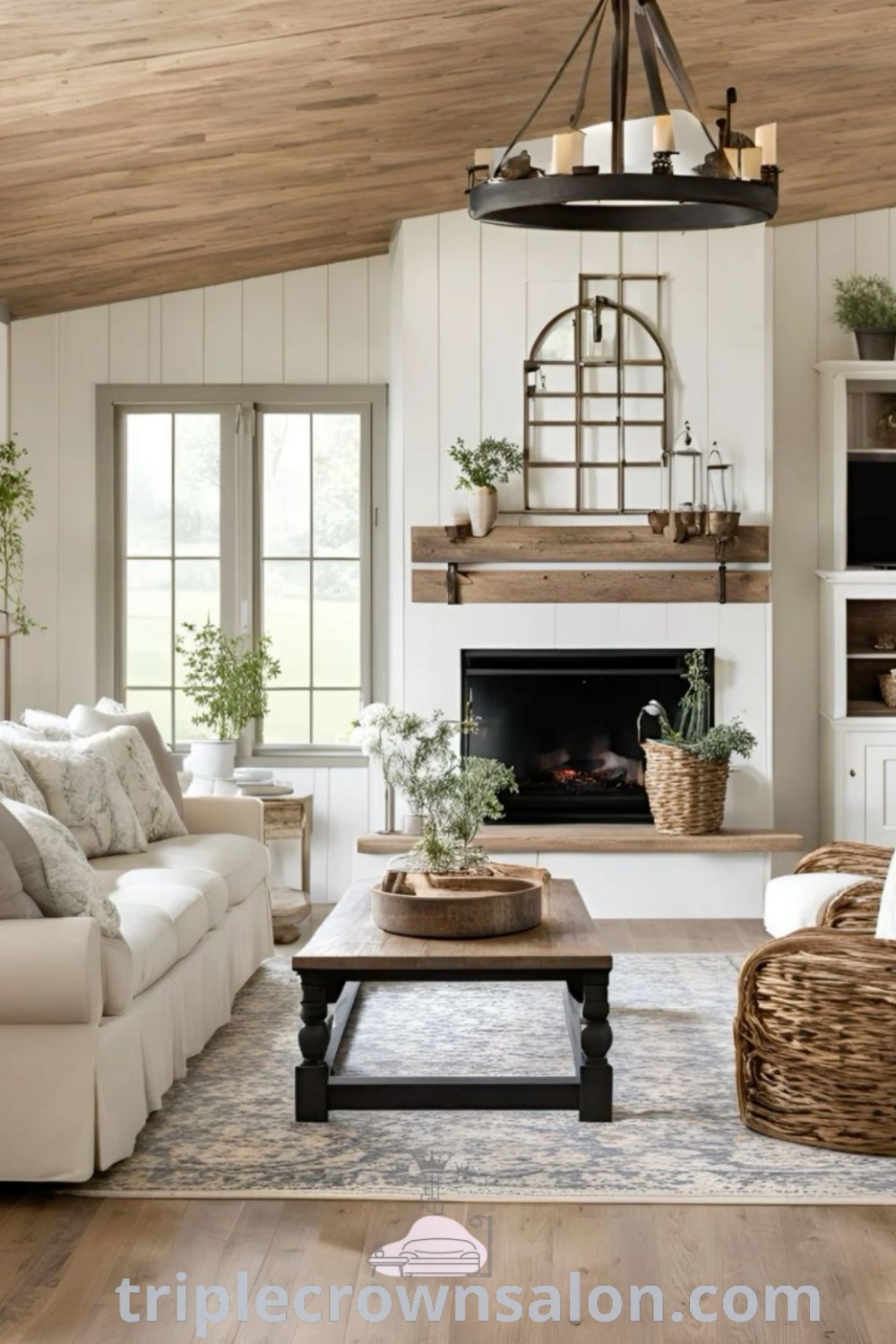 A cozy modern farmhouse living room with furniture surrounding a fireplace, showcasing design ideas and inspirations that blend traditional charm with contemporary decor. Explore unique ideas for your home at triplecrownsalon.com.