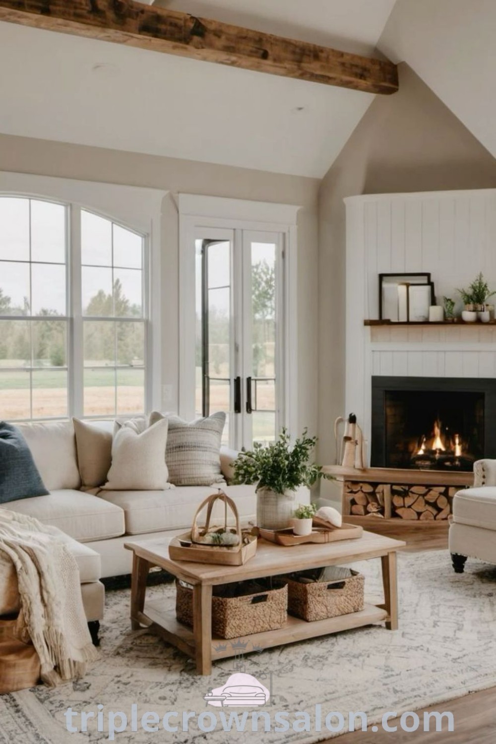 A cozy European living room with stylish furniture, a central fireplace, and a modern farmhouse decor theme, showcasing vaulted ceilings and sectional sofas. This space offers inspiring cozy ideas and unique decor ideas for your home, enhancing comfort and warmth. Explore more design trends at triplecrownsalon.com.
