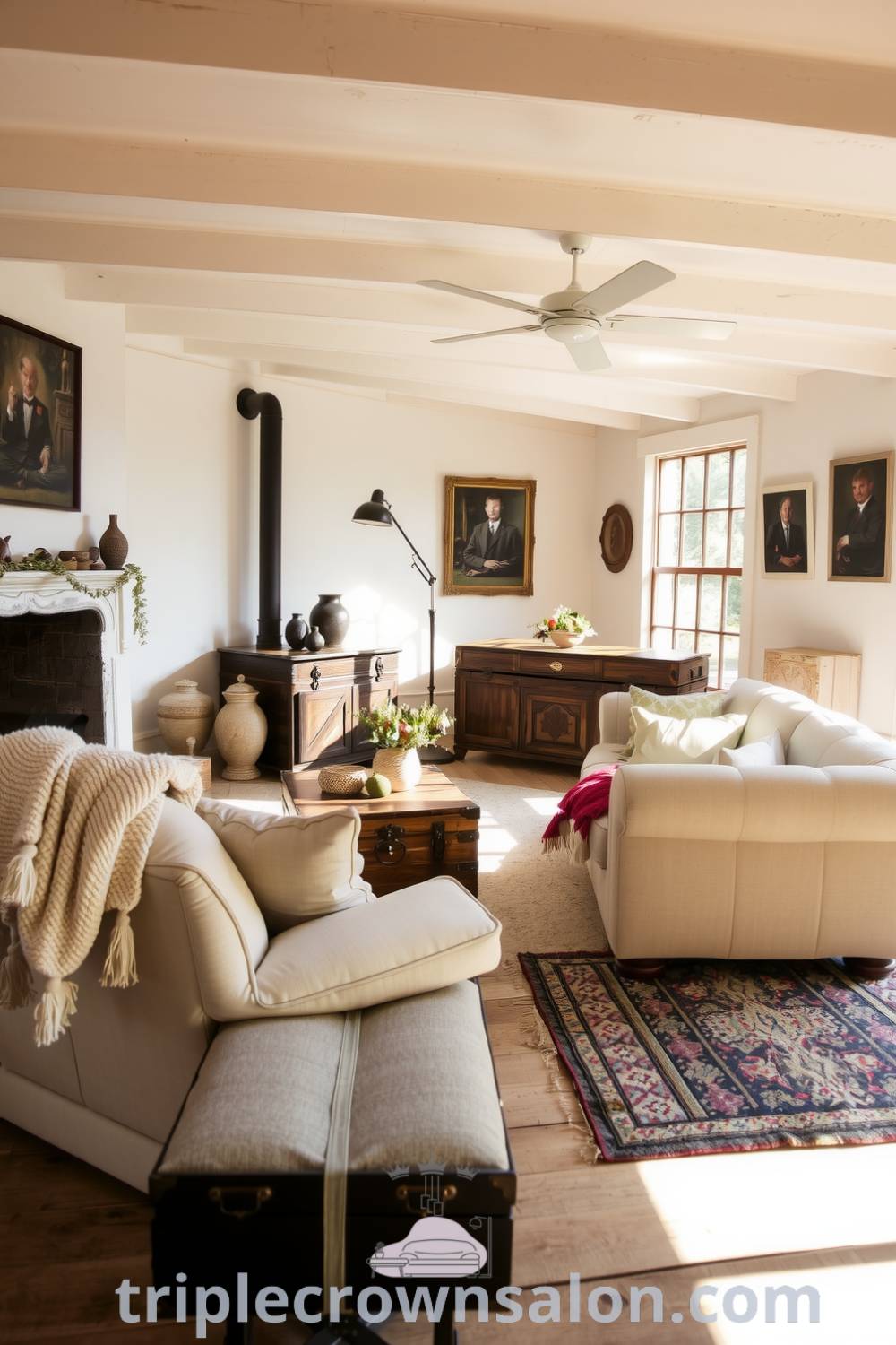 Cozy farmhouse living room with whitewashed walls, a large sofa draped with knitted blankets, vintage trunks, ceramic accents, and a crackling fireplace, creating a warm and inviting atmosphere. Visit triplecrownsalon.com for unique decor ideas and inspirations for your home.