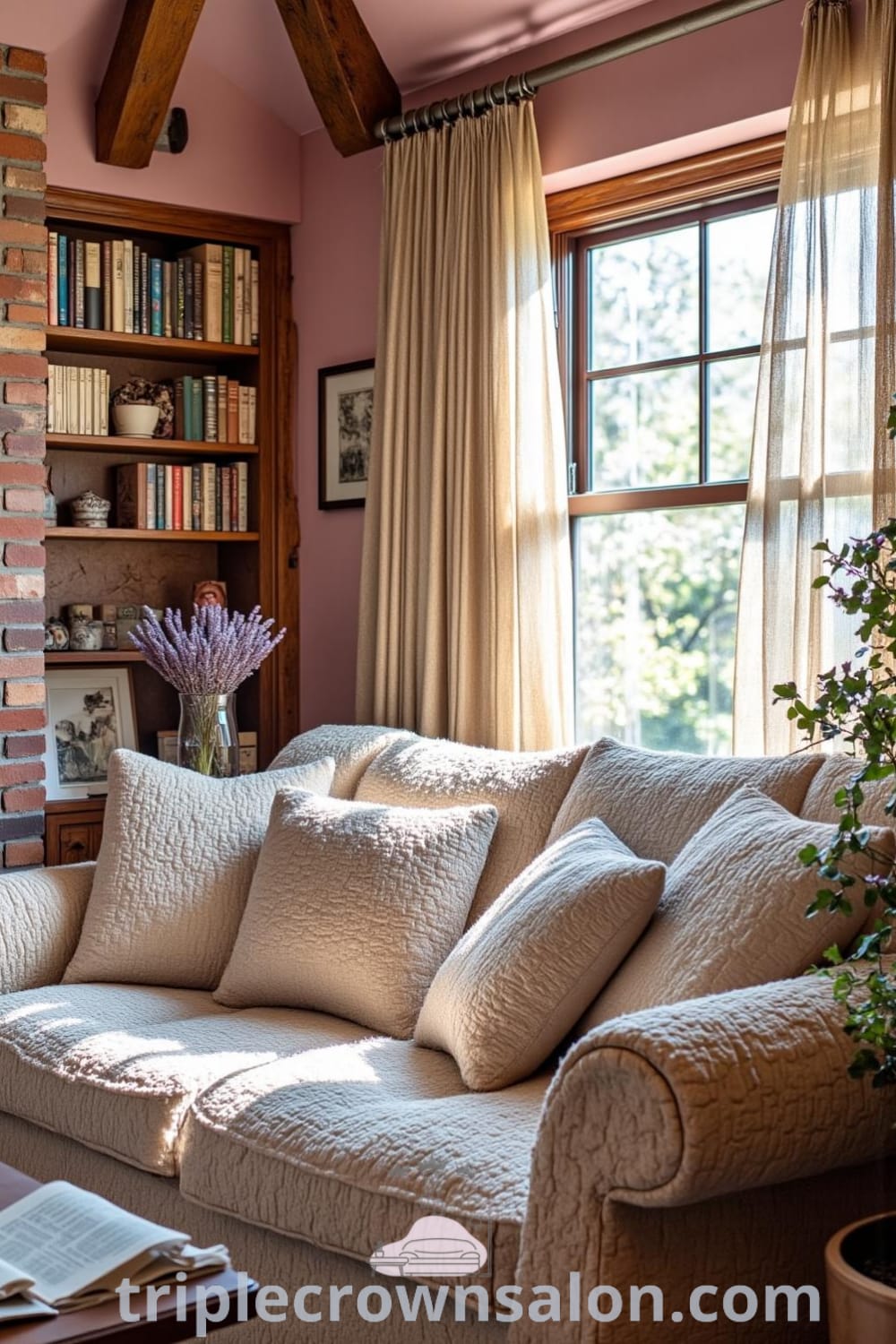Cozy rustic living room design featuring soft pink walls, an oversized sofa with a faded quilt, and handcrafted wooden shelves with books and trinkets, creating an inviting atmosphere rich in warmth and unique ideas for your home, showcased on fireplacesandwoodstoves.com.